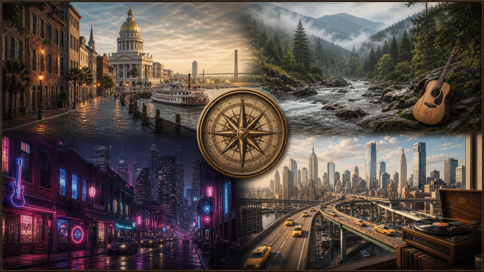 A compass surrounded by landscapes representing the listening journey